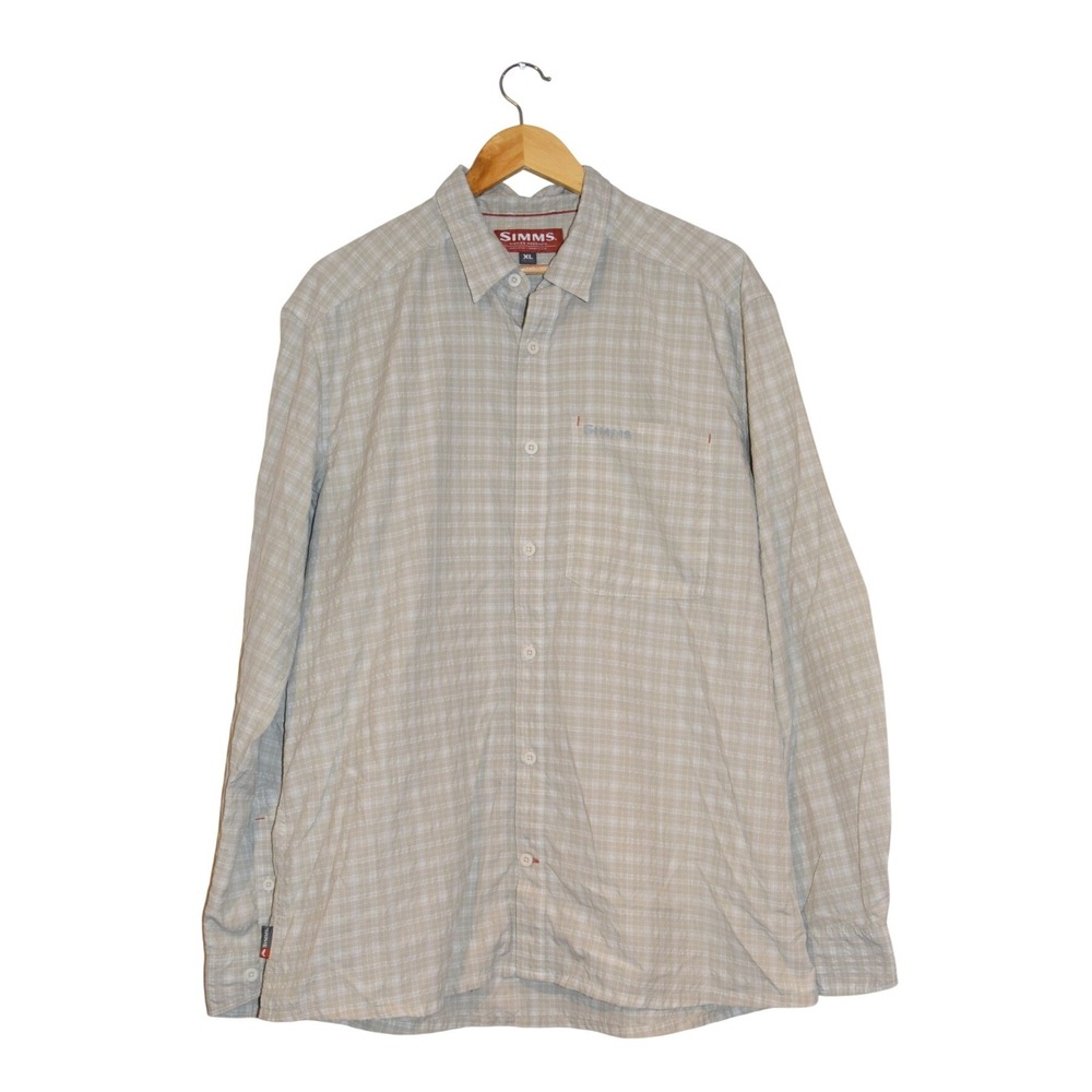 Simms Fishing Products Mens‎ XL Plaid Long Sleeve Button Down Shirt Tan White